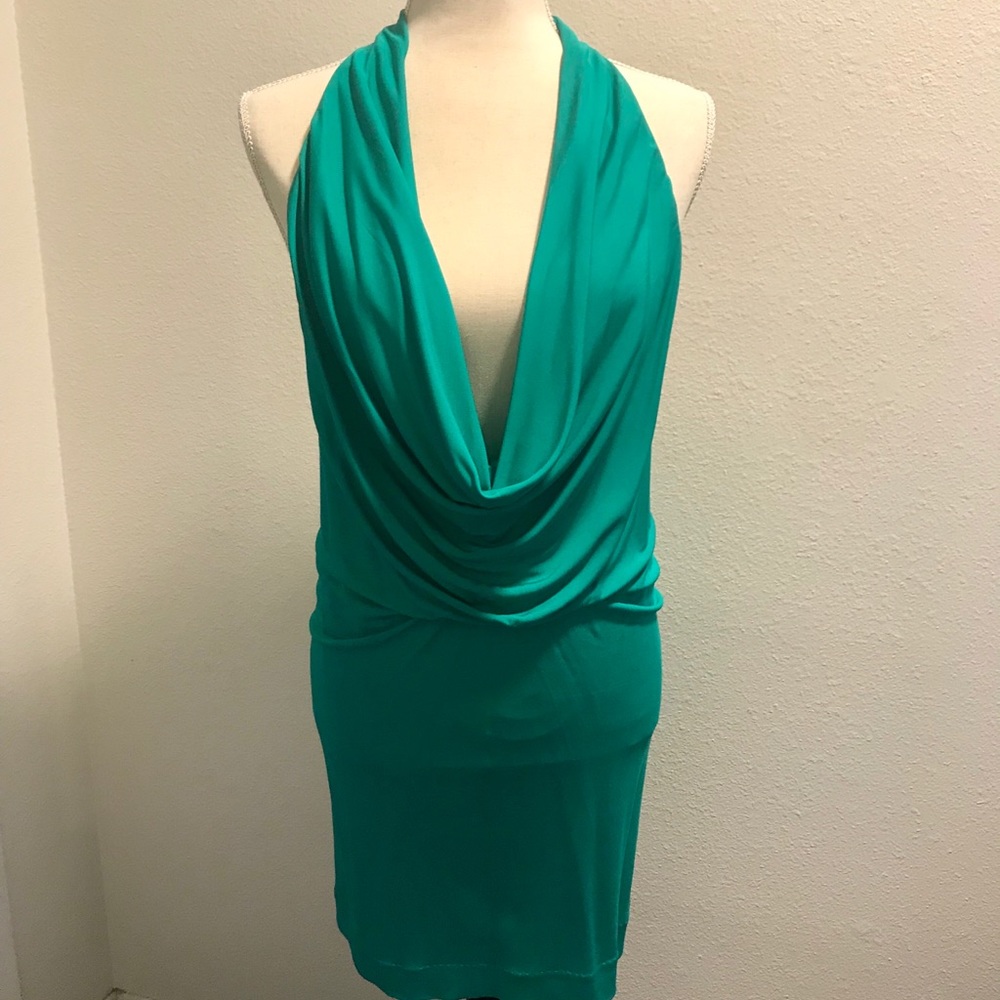 Bebe Backless Halter Turquoise Club Dress